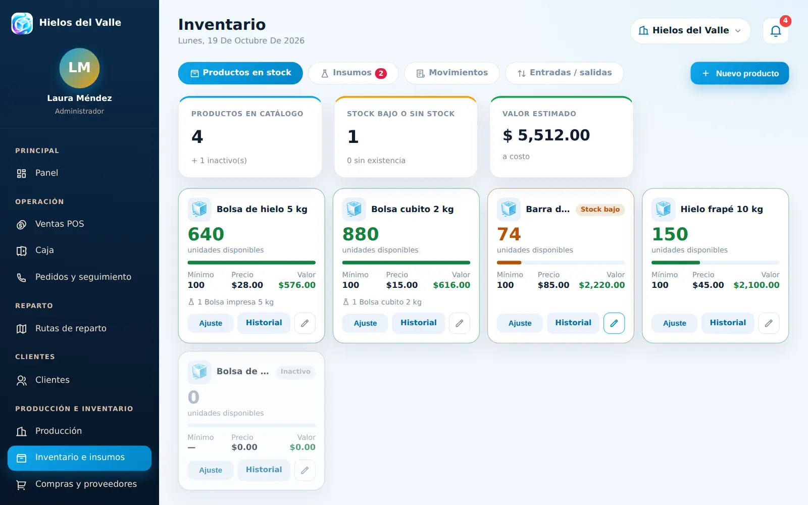 HidroFrost para fábrica de hielo: Inventario e insumos