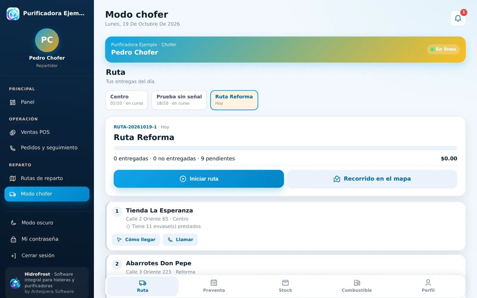 HidroFrost para purificadora: App del chofer